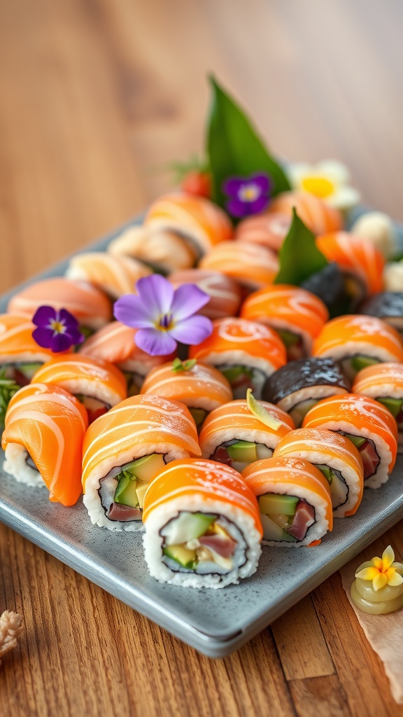 A beautiful sushi platter with colorful rolls, garnished with flowers and served with wasabi and pickled ginger.
